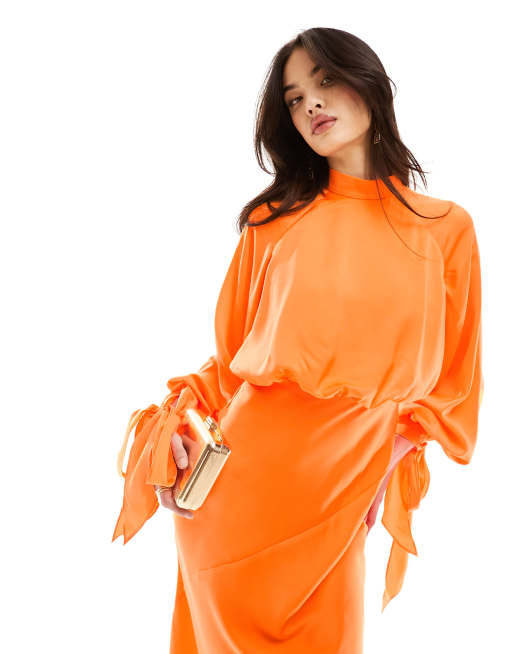 ASOS DESIGN satin balloon sleeve high neck maxi dress in orange