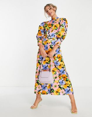ASOS DESIGN satin balloon sleeve open back tea jumpsuit in bold floral print  - ASOS Price Checker
