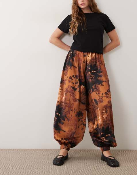 ASOS DESIGN satin balloon trouser with tie ankle in pagoda print - view 1
