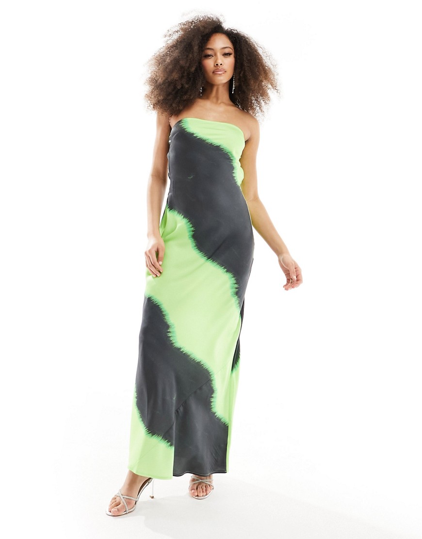 Asos Design Satin Bandeau Bias Cut Maxi Dress With Tie Back In Abstract Print-multi
