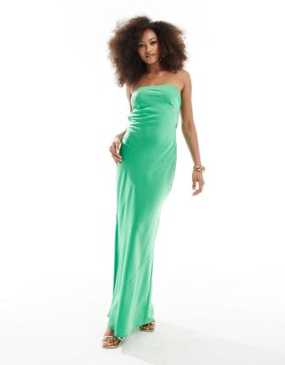 ASOS DESIGN satin bandeau bias maxi dress with tie back in bright green