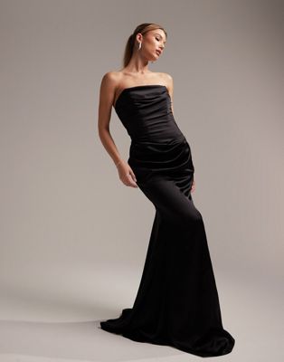 Asos Design Satin Bandeau Bridesmaid Maxi Dress In Black