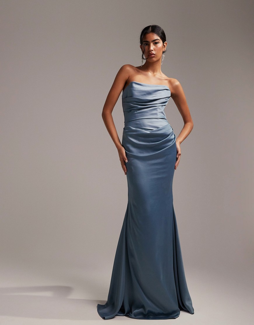 ASOS DESIGN satin bandeau bridesmaid maxi dress in dusky blue