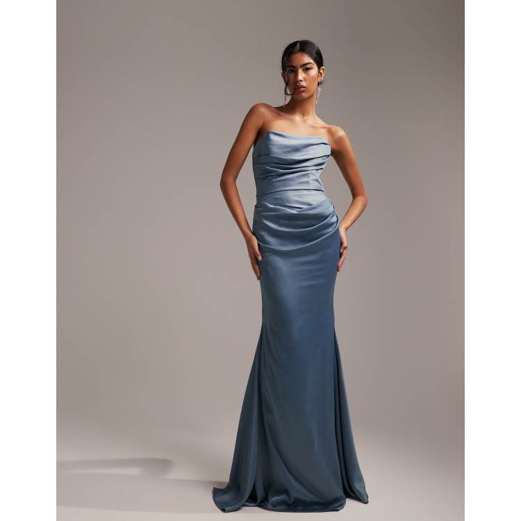 asos blue bridesmaid dresses Rent Asos Design Bridesmaid Crepe Strappy Fishtail Maxi Dress In Dusky Blue main image 0