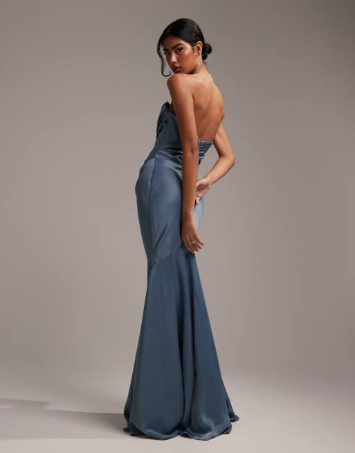 ASOS DESIGN satin bandeau bridesmaid maxi dress in dusky blue