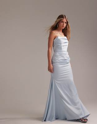 ASOS DESIGN satin bandeau bridesmaid maxi dress in light blue