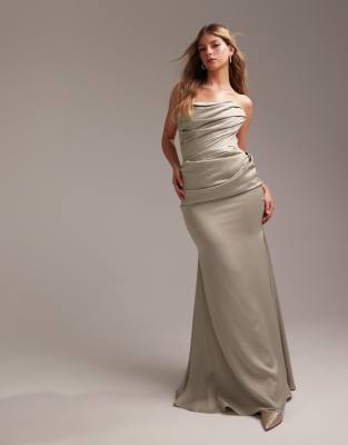 asos ASOS DESIGN satin bandeau bridesmaid maxi dress in light green