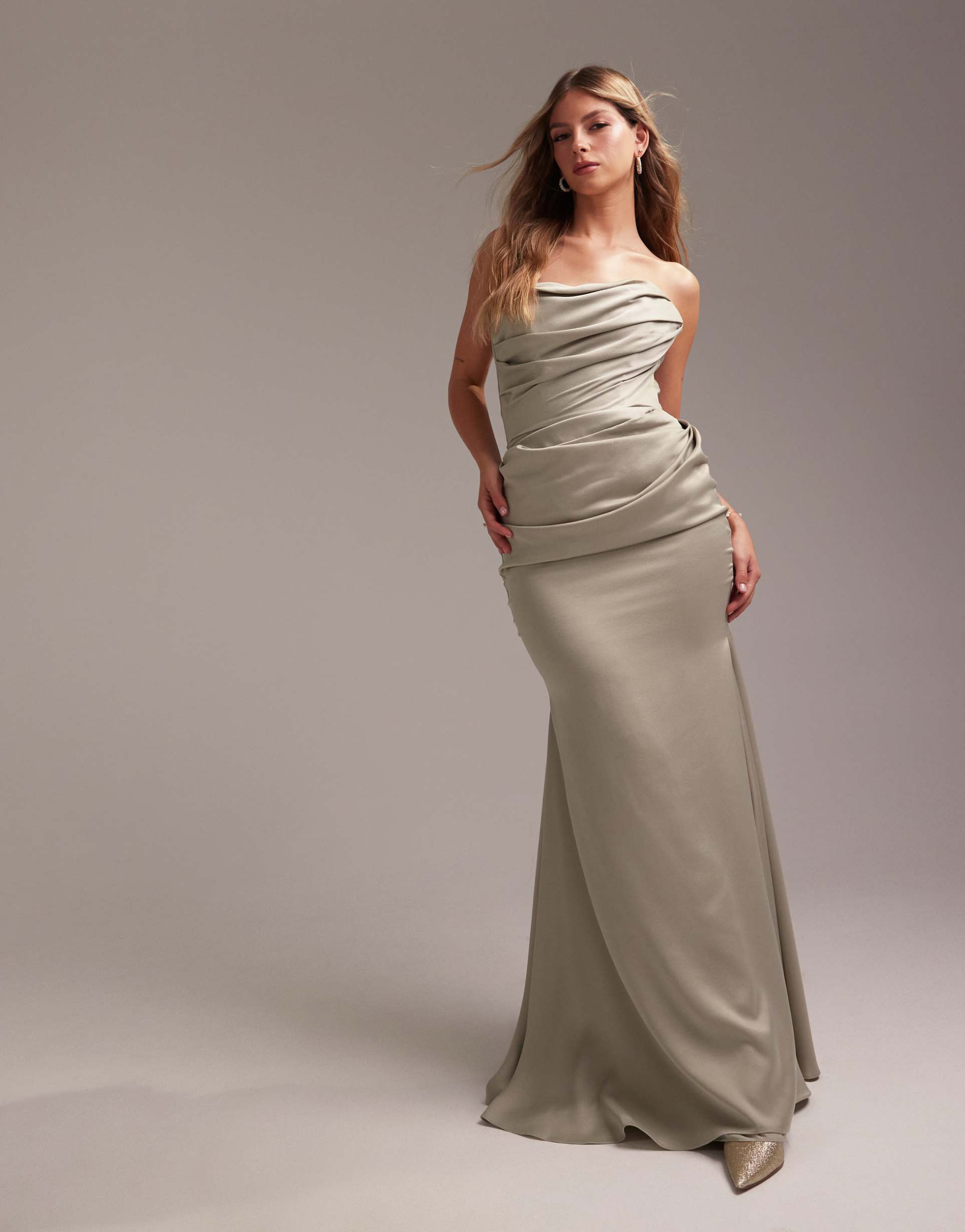 asos design satin bandeau bridesmaid maxi dress in light green