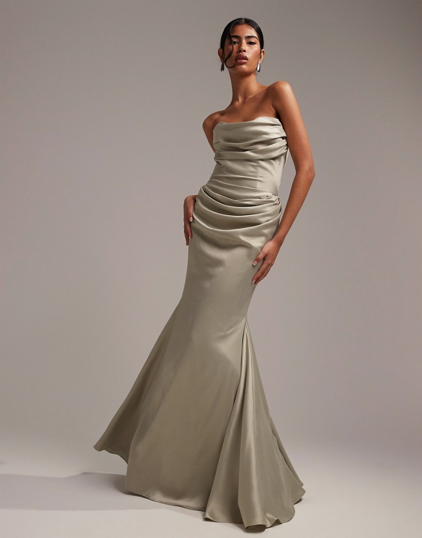 Asos Design Satin Bandeau Bridesmaid Maxi Dress In Sage Green