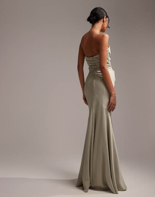 ASOS DESIGN satin bandeau bridesmaid maxi dress in sage green