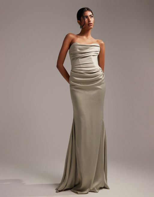 ASOS DESIGN satin bandeau bridesmaid maxi dress in sage green