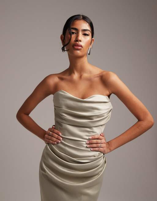 green satin bandeau dress Women's Green Textured Satin Bandeau Column Dress