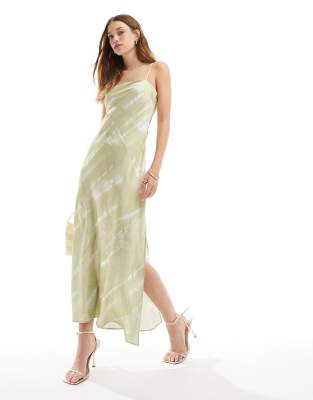 Asos Design Satin Bandeau Column Maxi Dress In Sage Abstract Print-multi