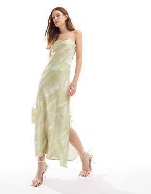 asos design satin bandeau column maxi dress in sage abstract print