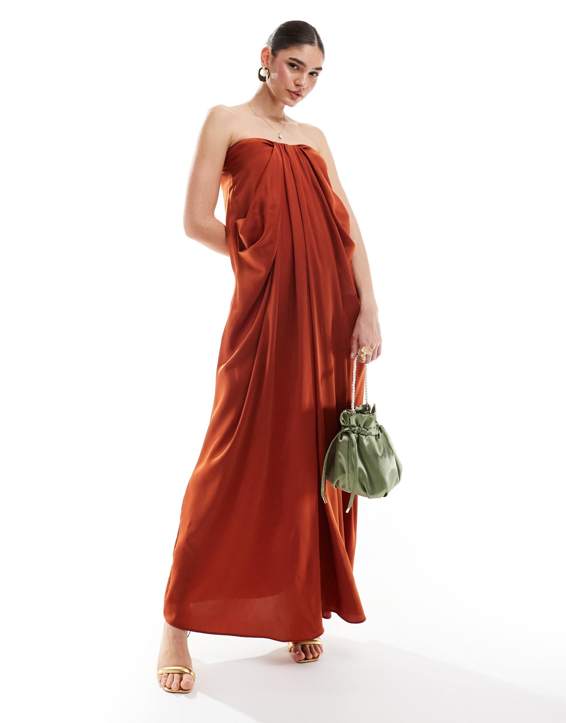 asos design satin bandeau drape column midi dress in burnt red