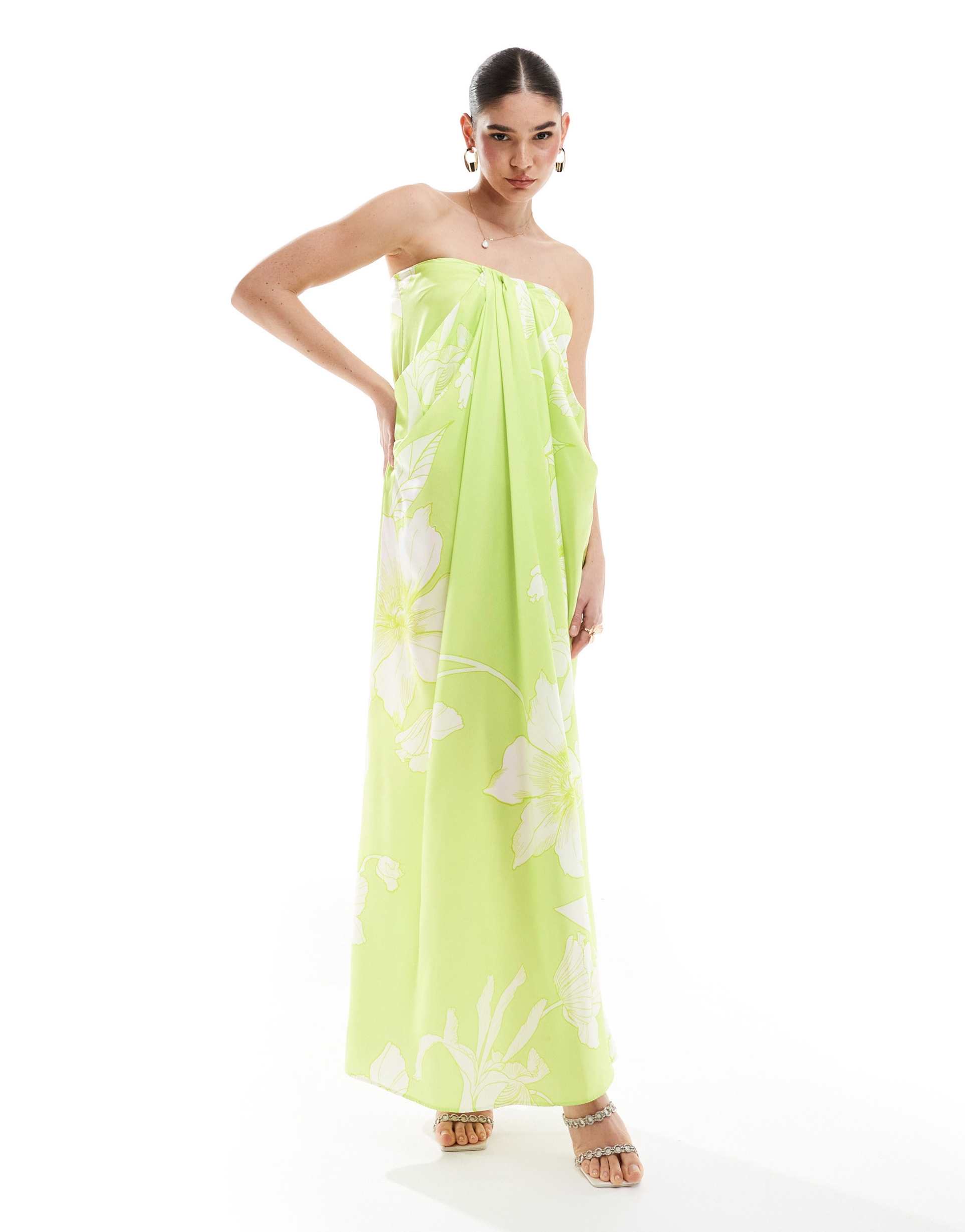 asos design satin bandeau drape column midi dress in lime floral print