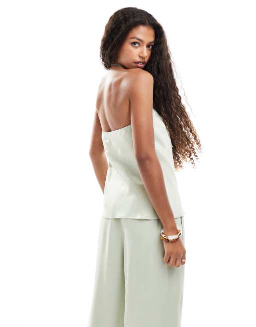 ASOS DESIGN satin bandeau longline trapeze top in sage - part of a set, 3 of 4
