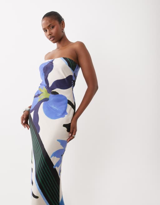 ASOS DESIGN satin bandeau maxi dress in abstract art print and contrast lining, 3 of 4