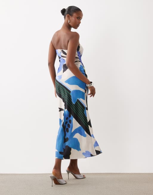 ASOS DESIGN satin bandeau maxi dress in abstract art print and contrast lining, 4 of 4