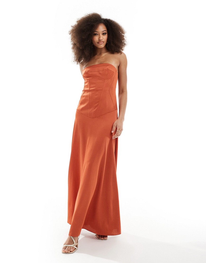Asos Design Satin Bandeau Maxi Dress With Corset Detailing In Rust-orange