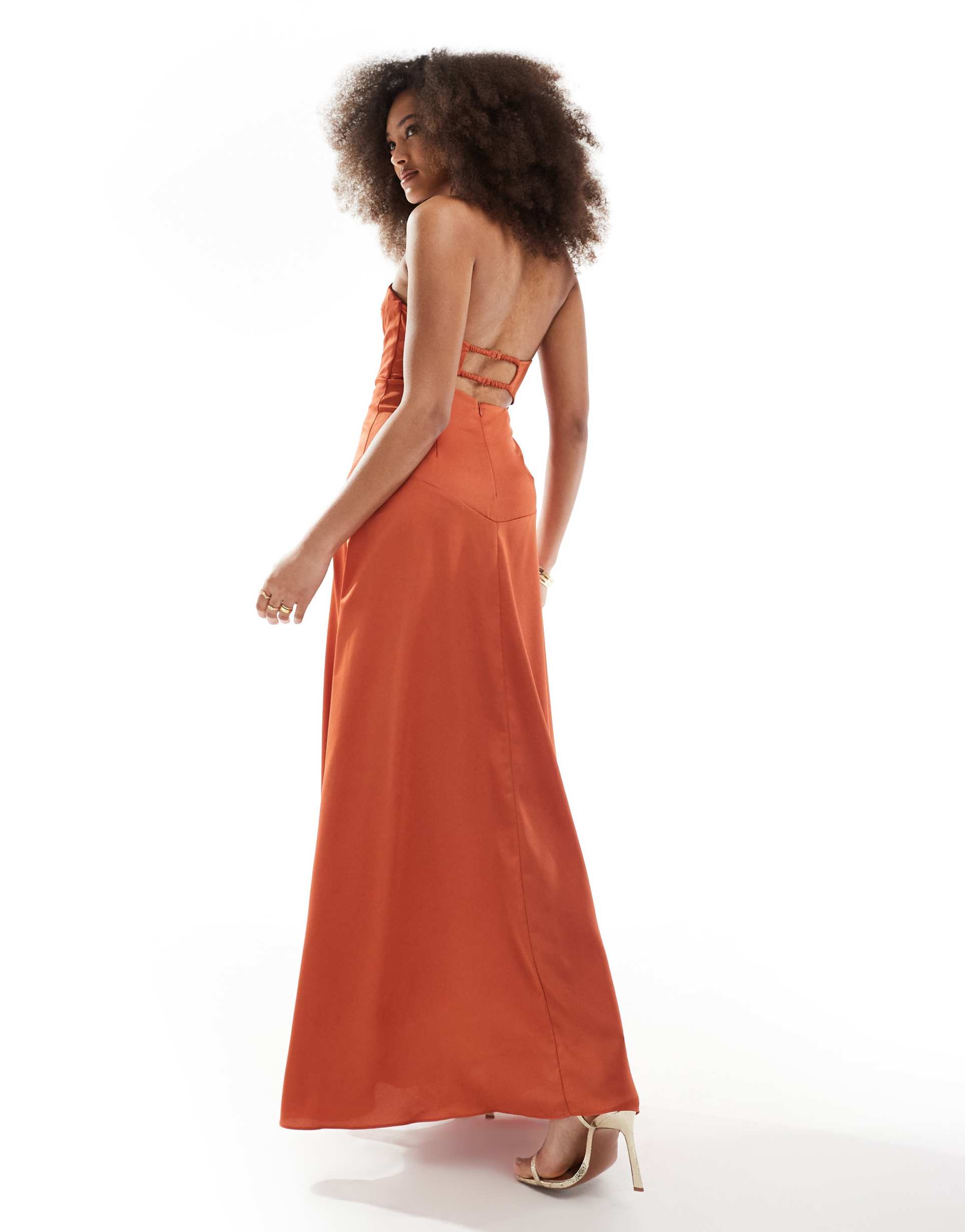 asos design satin bandeau maxi dress with corset detailing in rust