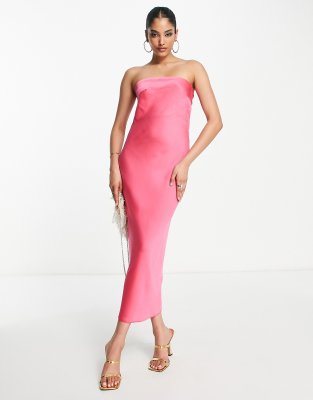 ASOS DESIGN satin bandeau midi dress with cowl back in hot pink - ASOS Price Checker