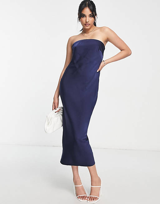 ASOS DESIGN satin bandeau midi dress with cowl back in navy