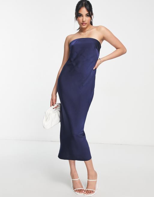 Rylee Midi Dress Satin Navy Blue Strapless Semi Formal Dress Cocktail ...