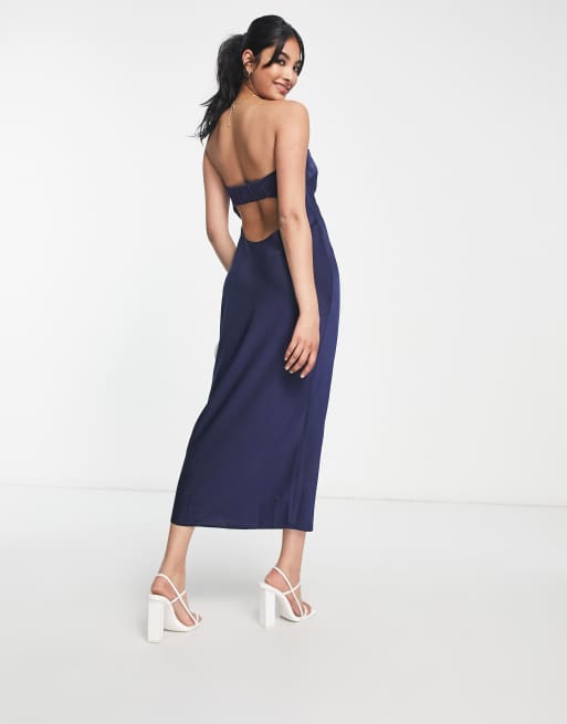 ASOS DESIGN satin bandeau midi dress with cowl back in navy