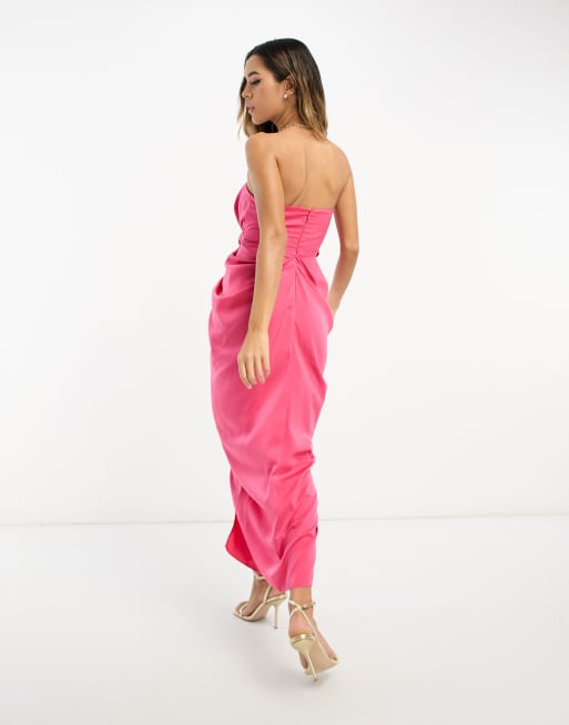 ASOS Design Satin Bandeau Midi Dress with Drape Twist Detail in Hot Pink