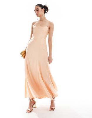 Asos Design Satin Bandeau Midi Dress With Shaped Neckline In Peach-orange In Orange