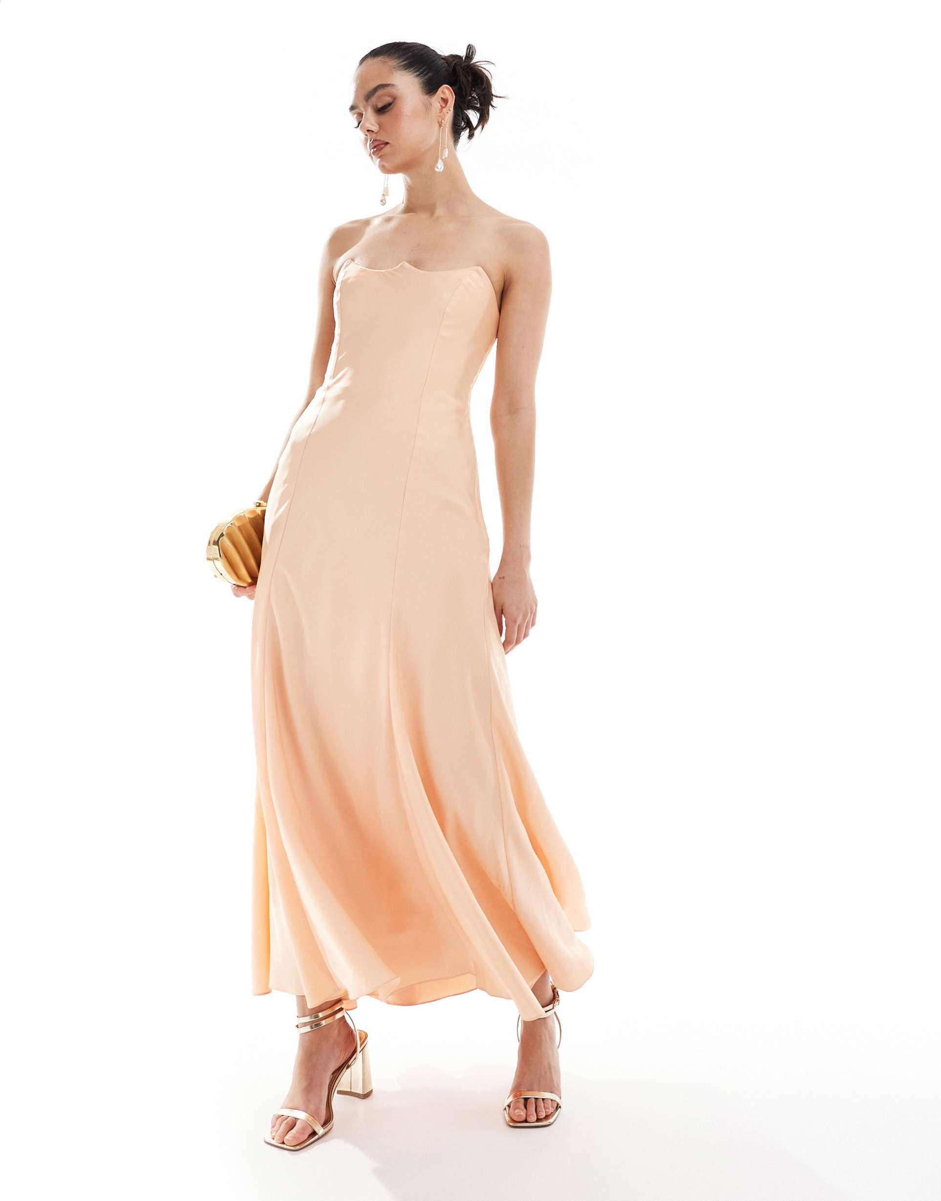 asos design satin bandeau midi dress with shaped neckline in peach