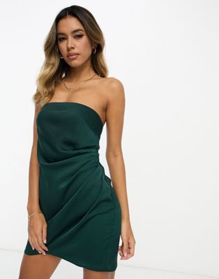 ASOS DESIGN satin bandeau mini dress with gathered waist detail in forest green | ASOS