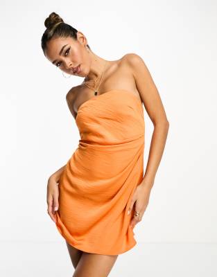 Asos Design Satin Bandeau Mini Dress With Gathered Waist Detail In Orange