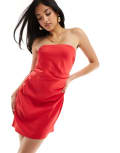 [ASOS DESIGN] ASOS DESIGN satin bandeau mini dress with gathered waist detail in red 18 Red