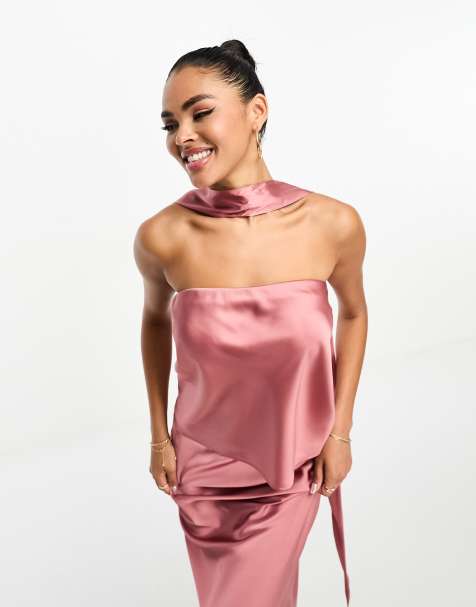 ASOS DESIGN satin bandeau & neck tie in rose (part of a set) - view 1
