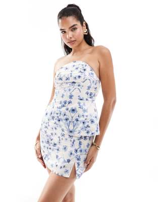 Asos Design Satin Bandeau Top In Floral Print - Part Of A Set-multi