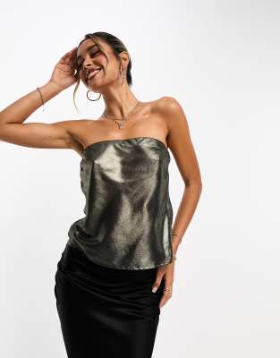 Asos Design Satin Bandeau Top In Metallic Gold-Multi