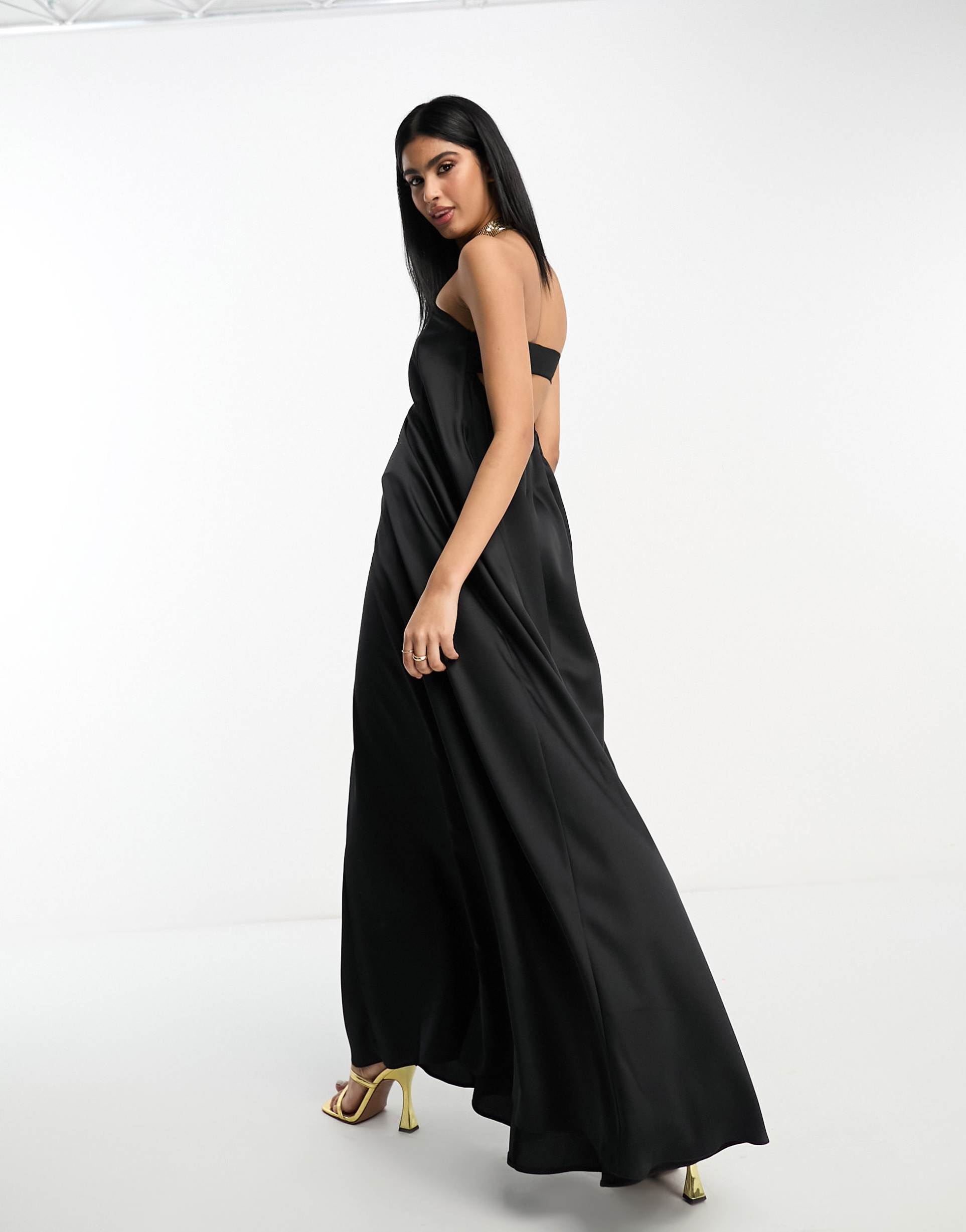 asos design satin bandeau trapeze maxi dress in black