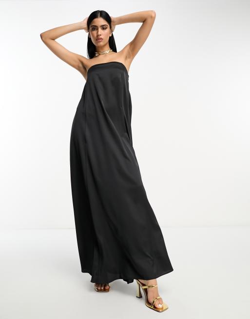 Satin Band Bandeau Maxi Dress - Black