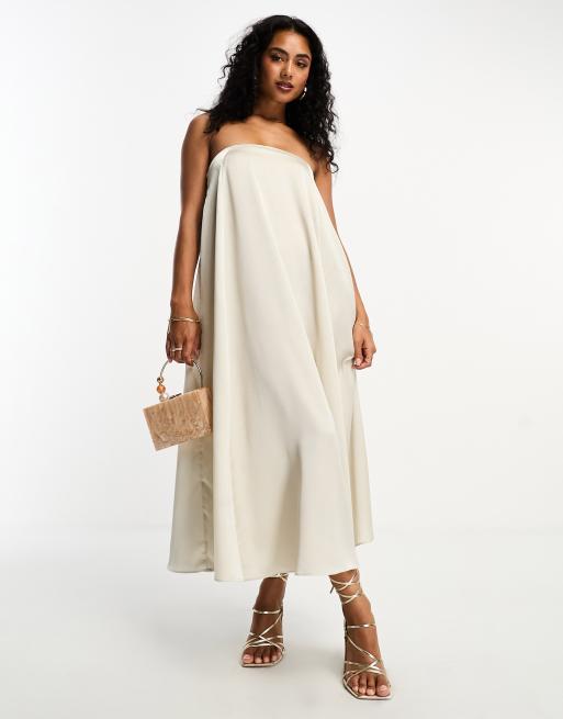 ASOS DESIGN satin bandeau trapeze midi dress in champagne, 2 of 4
