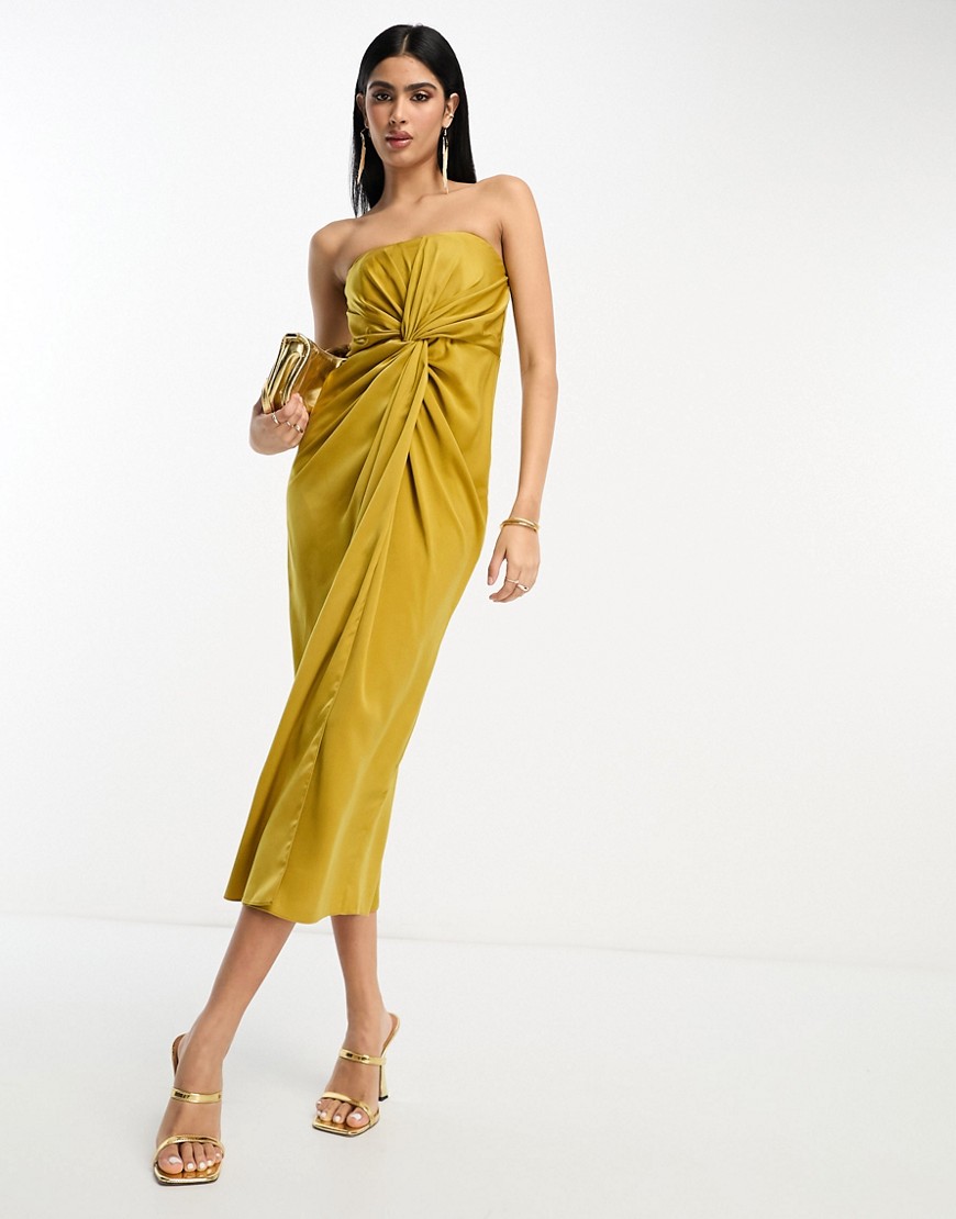 Asos Design Satin Bandeau Twist Front Midi Dress In Gold
