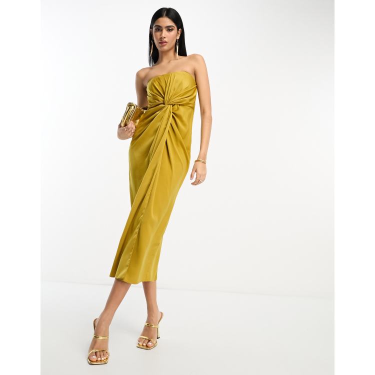 Yellow Strapless Front Twist Midi Dress