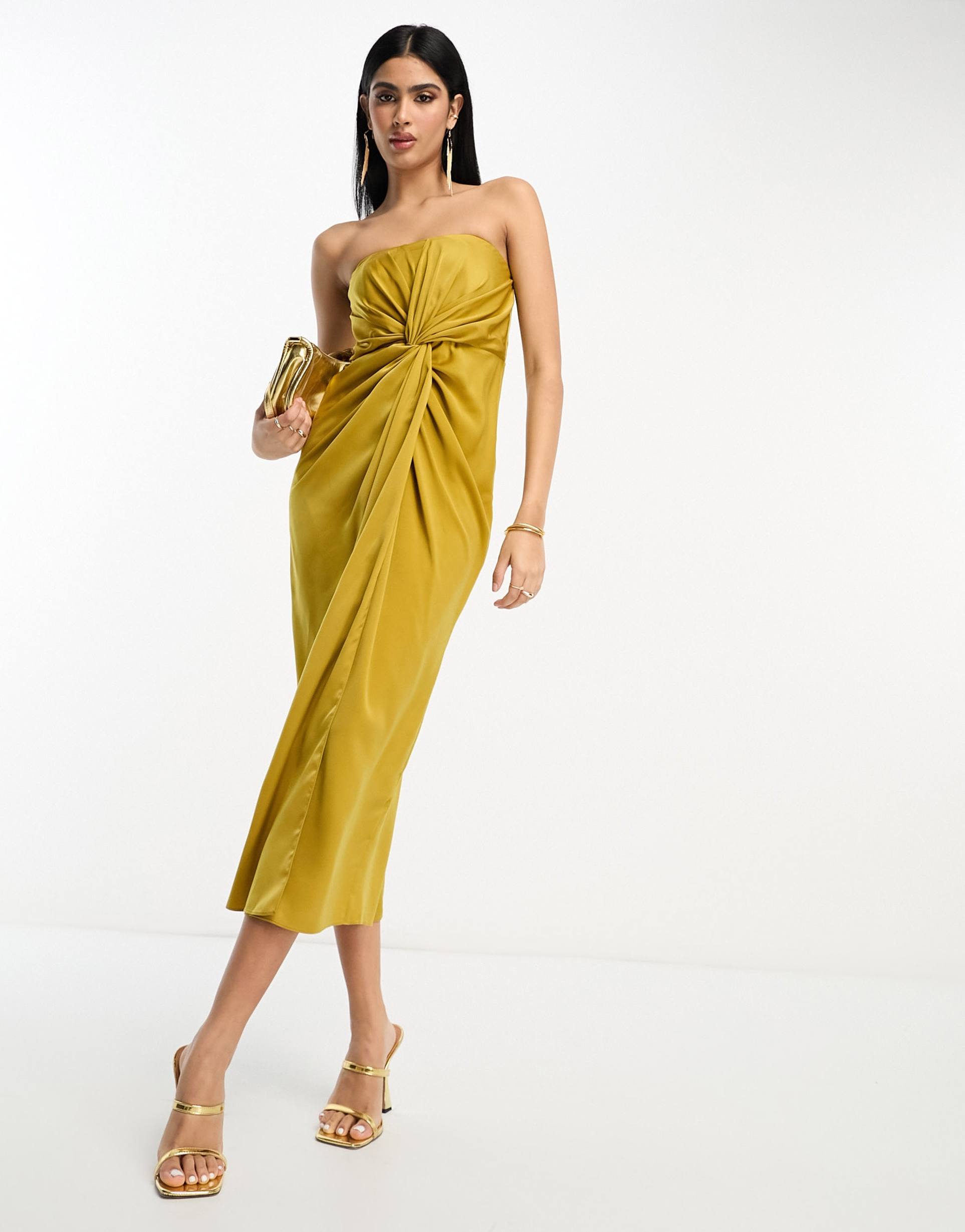 asos design satin bandeau twist front midi dress in gold