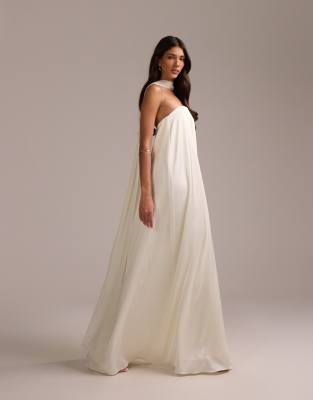 Asos Design Satin Bandeau Wedding Dress With Scarf In Yellow
