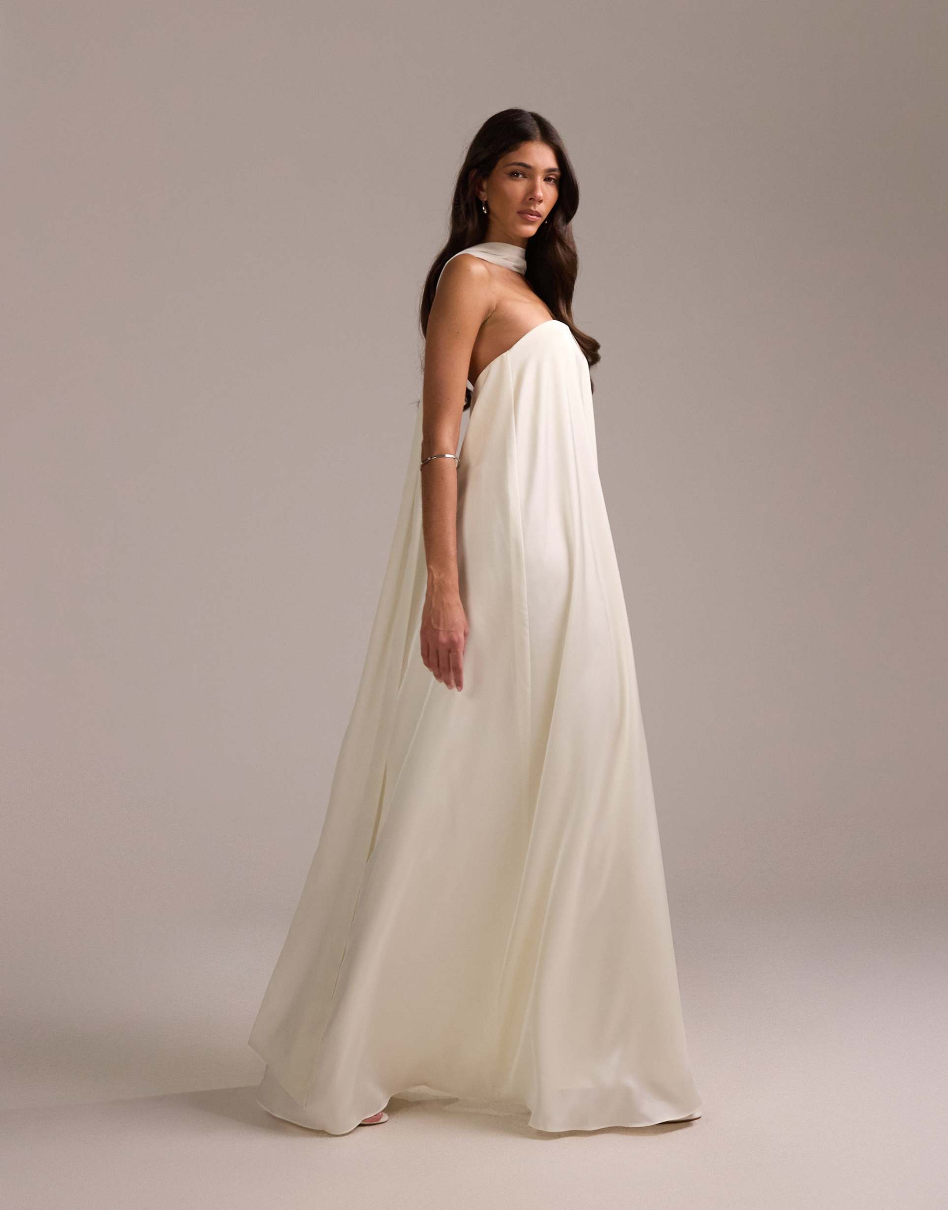 asos design satin bandeau wedding dress with scarf in ivory