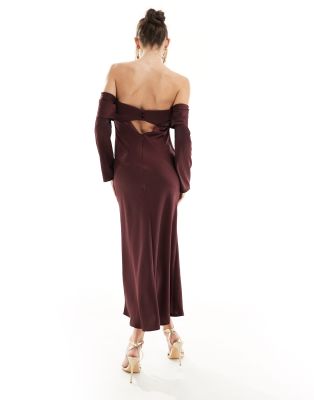 ASOS DESIGN satin bardot layered midi dress with long sleeves in wine | ASOS