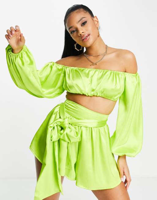 ASOS LUXE satin bardot top and flippy shorts set in lime green