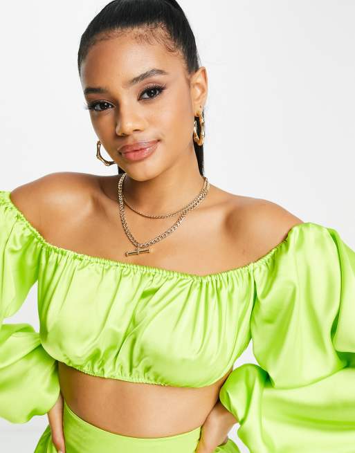 ASOS DESIGN satin bardot top in lime green part of a set ASOS