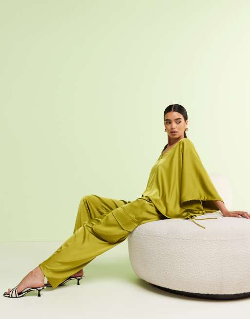 ASOS DESIGN satin barrel pants with pockets in green - part of a set